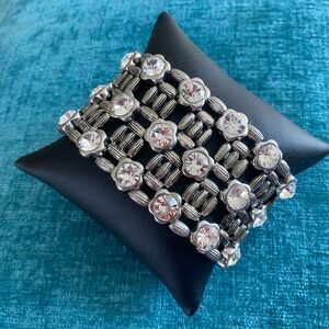 Huge Statement Silvertone Bead & Glass Stone Stretch Bracelet